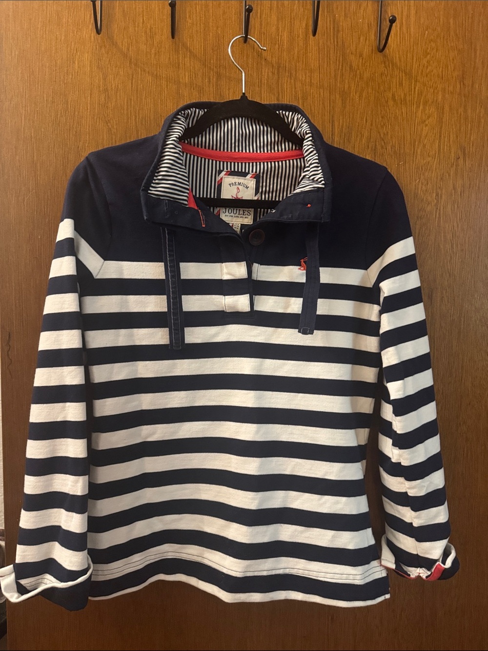 Joules Navy and White Striped Pullover Hoodie with Red Trim